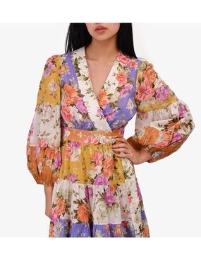 Zimmermann Floral Patchwork Wrap Midi Dress in Mustard & Lavender